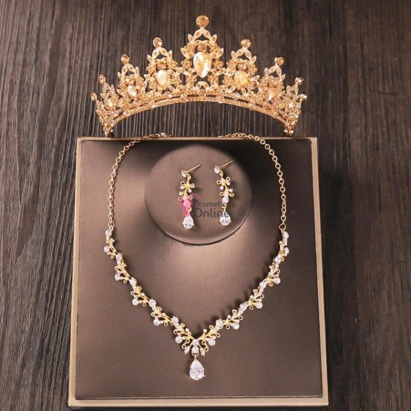 Coroana cu colier si cercei AS05GG Auriu cu cristale din sticla